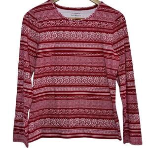 The Talbots Tee Red and White Icelandic Print Size Small Long Sleeve Shirt